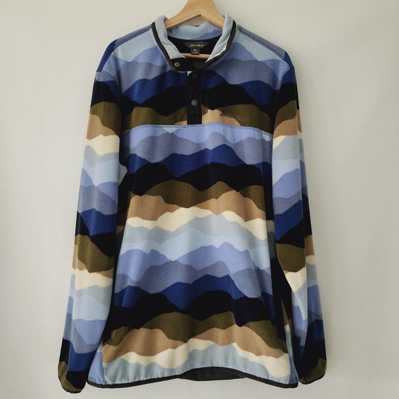 Eddie Bauer Quest Fleece Snap Pullover Adobe Mountain Sky Pattern Mens Size XLT